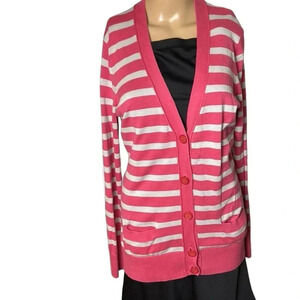 TH  striped pink cardigan,L, button front,pima cotton,long,pockets,cottagecore
